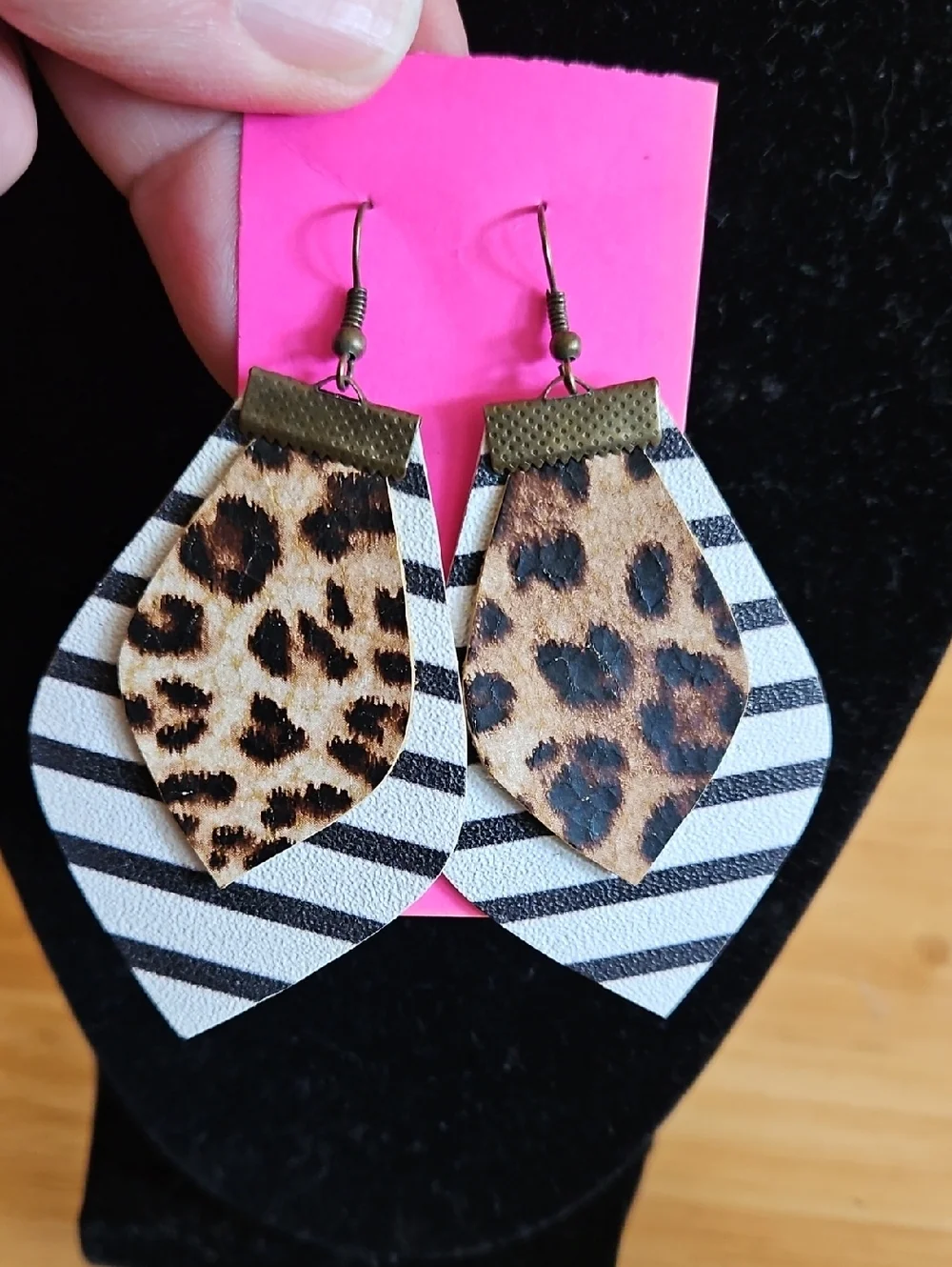 Women's Leopard & Black Stripe Layered Teardrop Dangle Earrings